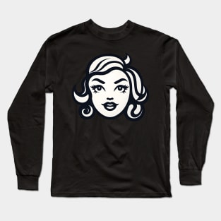 Classic Retro Pin-Up Girl Head in Monochrome Style Long Sleeve T-Shirt